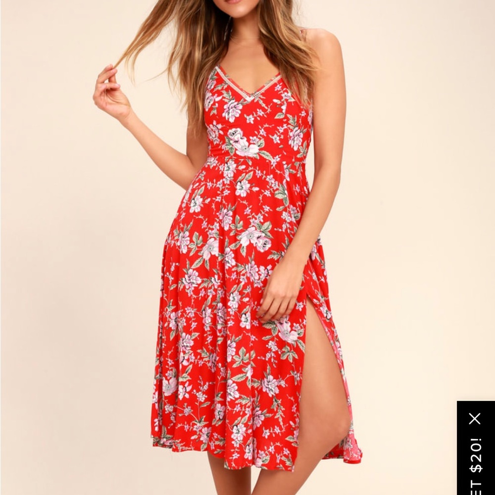 Lulus Esperanza Red Floral Print Midi Dress